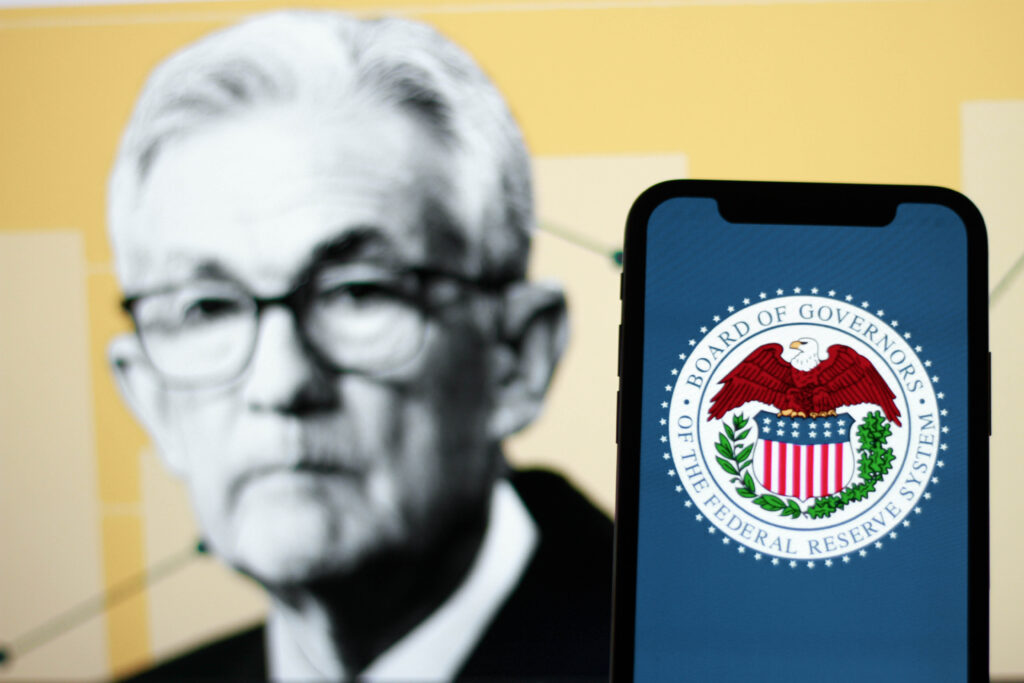 in this photo the logo Federal Reserve System,The Fed with the Chair Jerome Powell in the background.indonesia - september 21th 2024.
